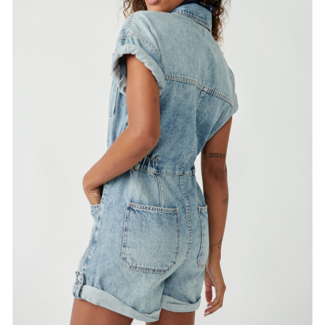 MARCI CUFFED SHORTALLS-Denim-FREE PEOPLE-Coriander