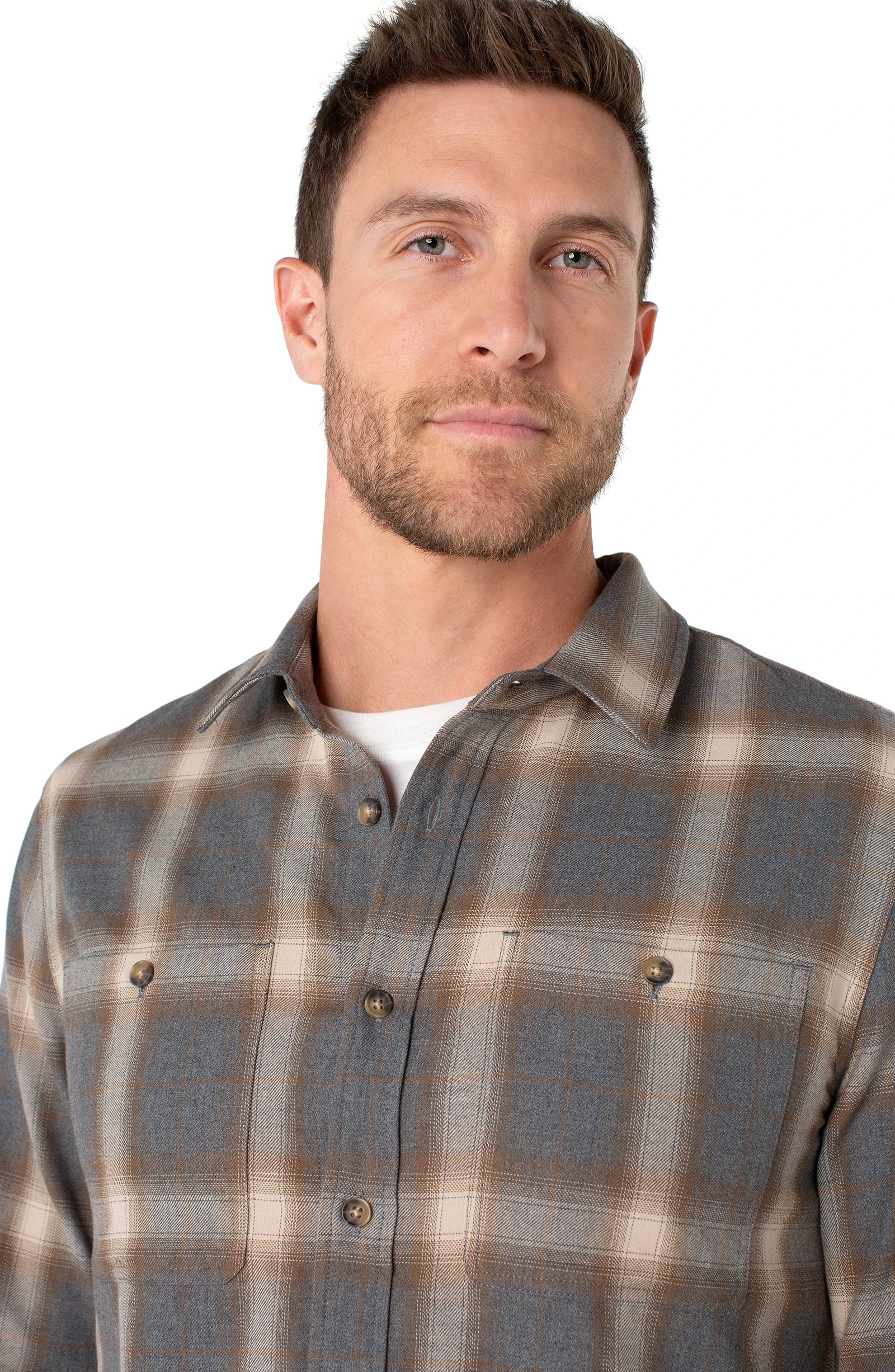MEN'S L/S SHIRT | DOUBLE POCKET BUTTON UP-Shirts & Tops-LIVERPOOL-MEDIUM-GREY BEIGE MULTI-Coriander