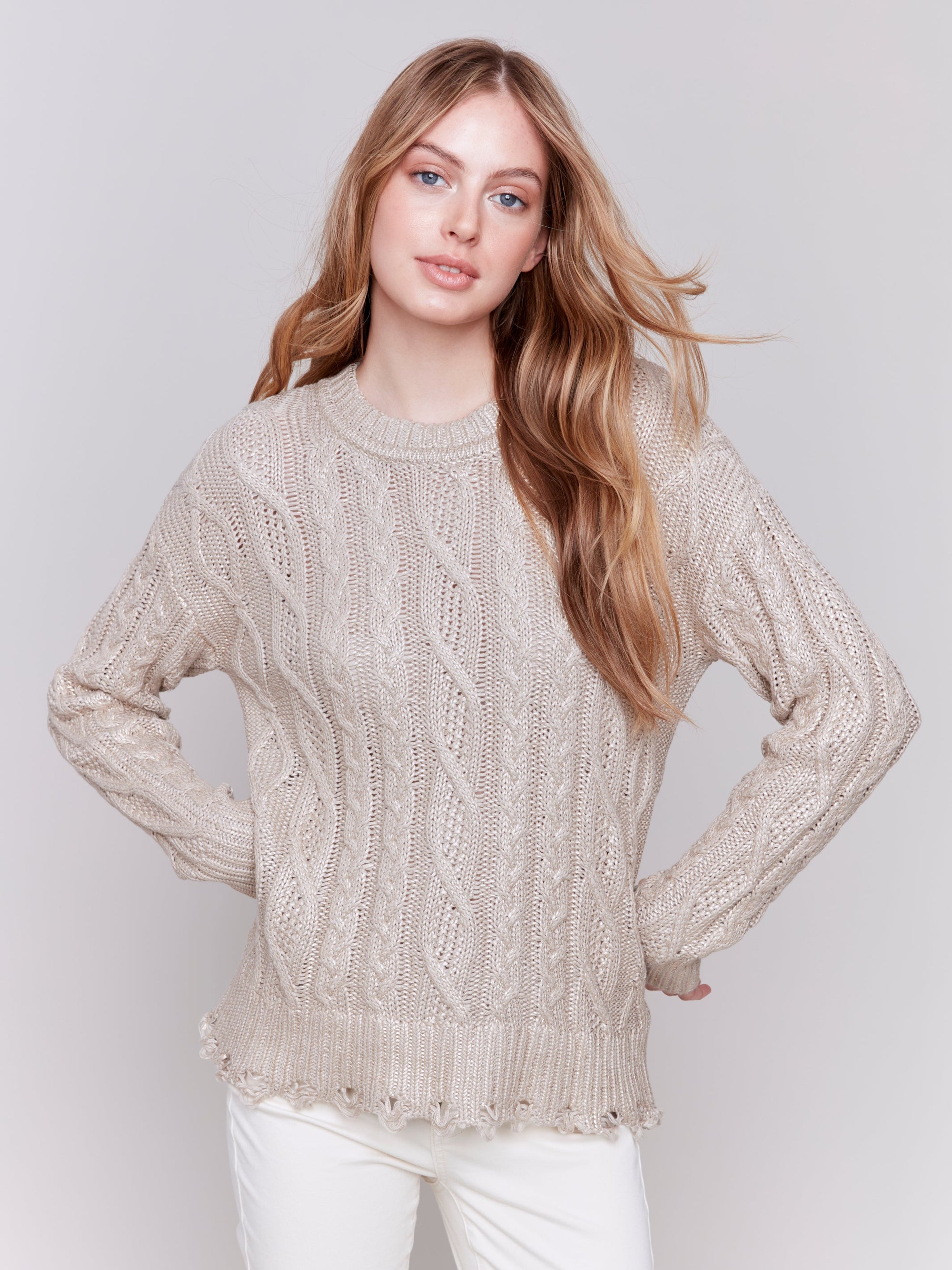 METALLIC CABLE KNIT SWEATER-Jackets & Sweaters-CHARLIE B-Coriander