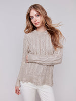 METALLIC CABLE KNIT SWEATER-Jackets & Sweaters-CHARLIE B-XSMALL-CHAMPAGNE-Coriander