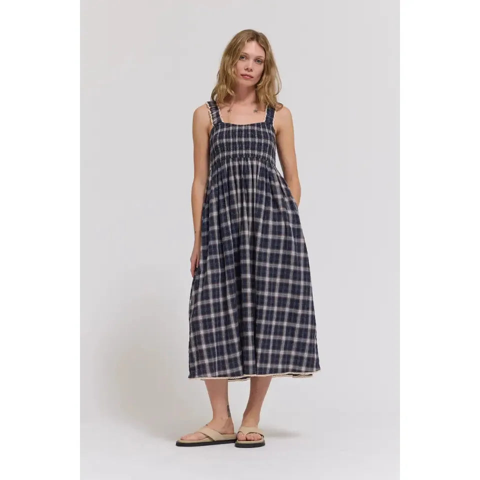 MIDI DRESS | SMOCKED PLAID-Dresses-GRADE AND GATHER-SMALL-MIDNIGHT-Coriander
