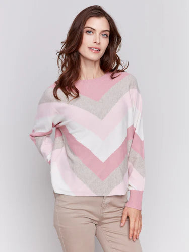 MITRED STRIPES SWEATER-Jackets & Sweaters-CHARLIE B-LARGE-WOODROSE-Coriander