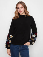 MOCK NECK SWEATER | FLORAL SLEEVE-Jackets & Sweaters-CHARLIE B-XSMALL-Black-Coriander
