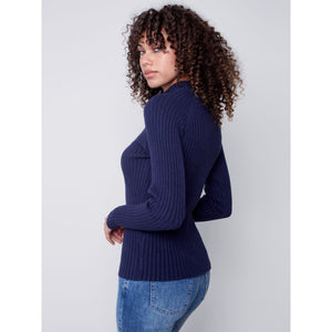 MOCK TURTLENECK RIB DESIGN SWEATER-Jackets & Sweaters-CHARLIE B-Coriander