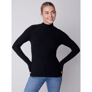 MOCK TURTLENECK RIB DESIGN SWEATER-Jackets & Sweaters-CHARLIE B-SMALL-Black-Coriander