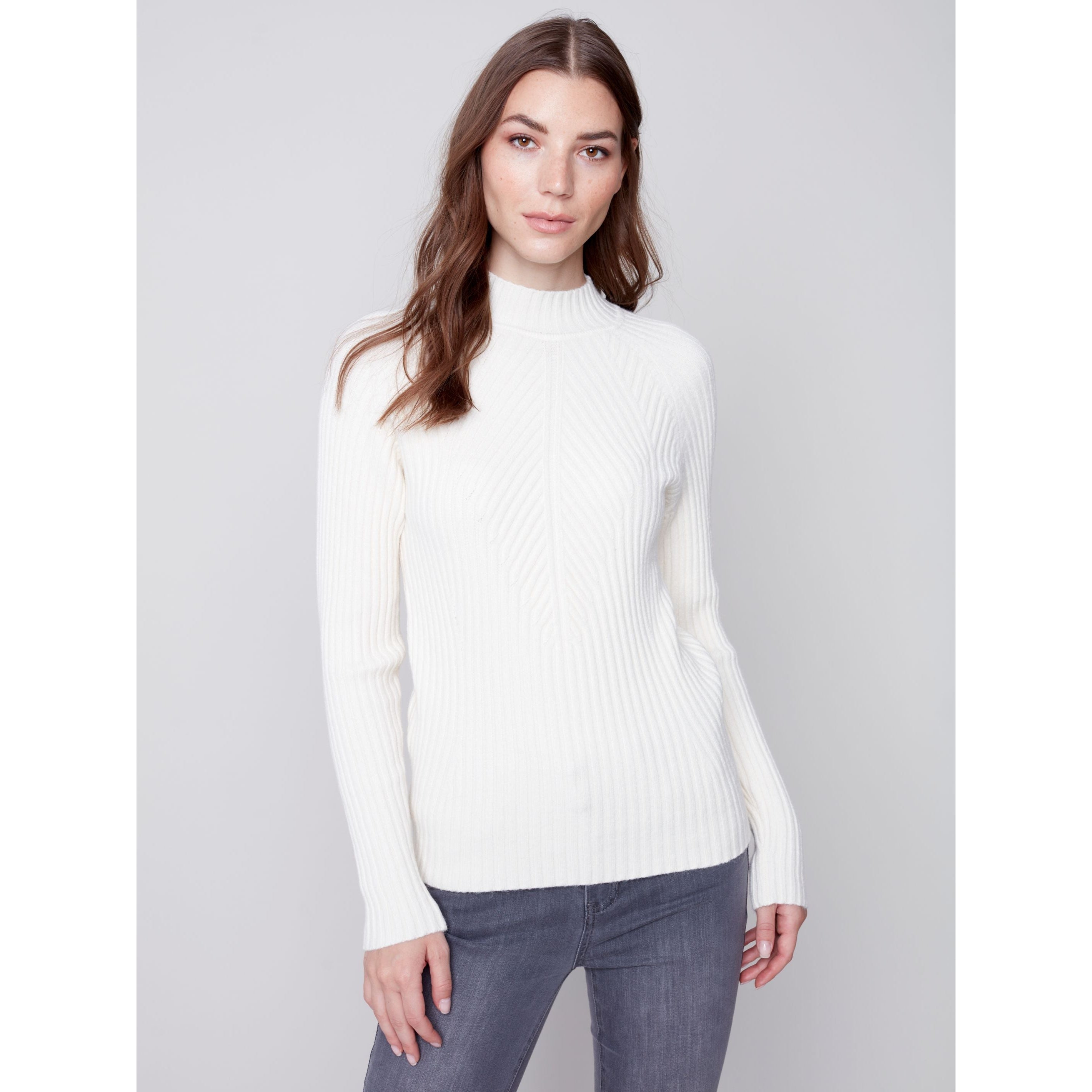 Women Ribbed White Pullover with Mock Turtleneck