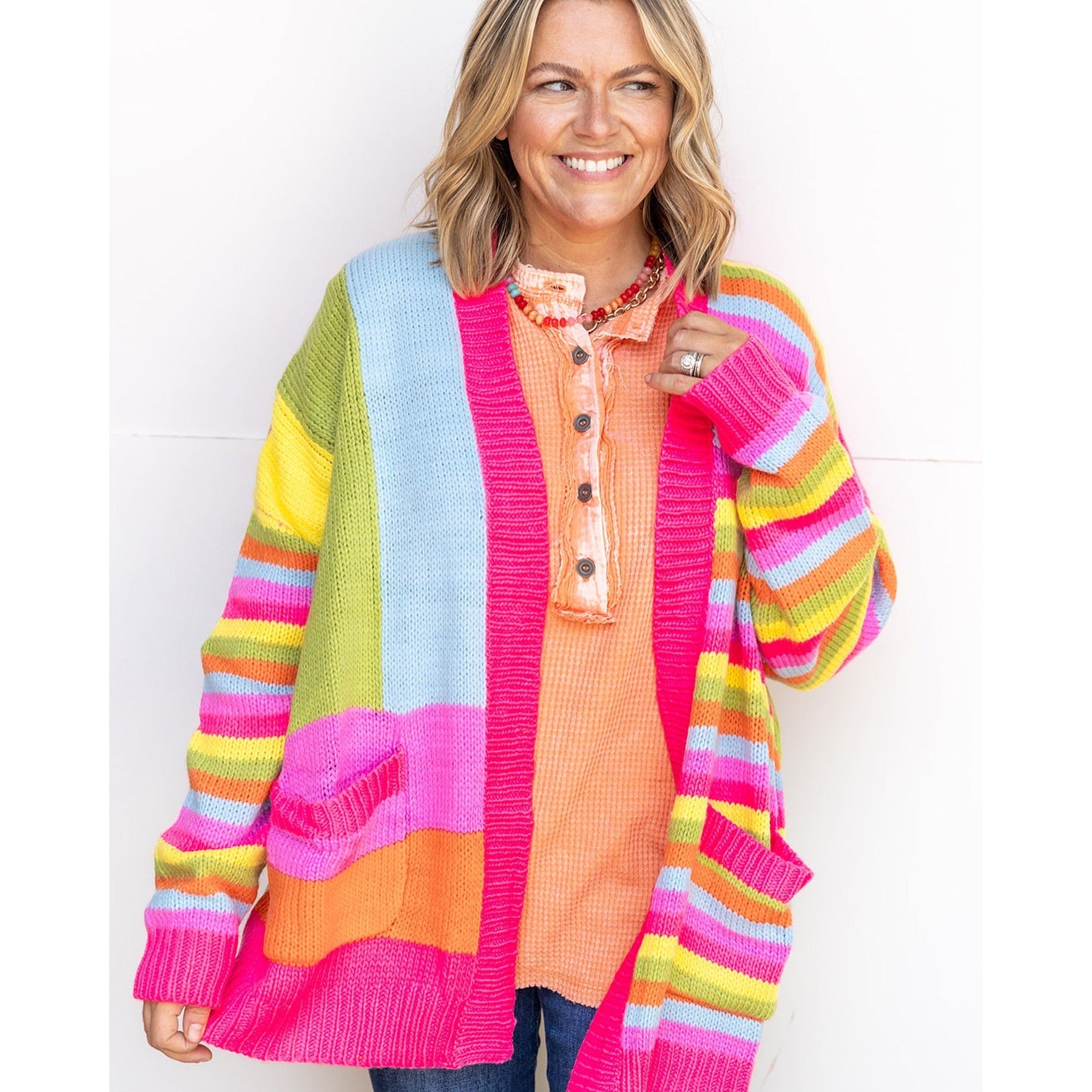 MULTI-STRIPED MIX MATCHED LOOSE FIT CARDI-Jackets & Sweaters-DAVI & DANI-Coriander