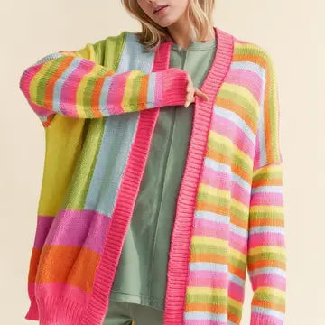 MULTI-STRIPED MIX MATCHED LOOSE FIT CARDI-Jackets & Sweaters-DAVI & DANI-SMALL-PINK PASTEL-Coriander