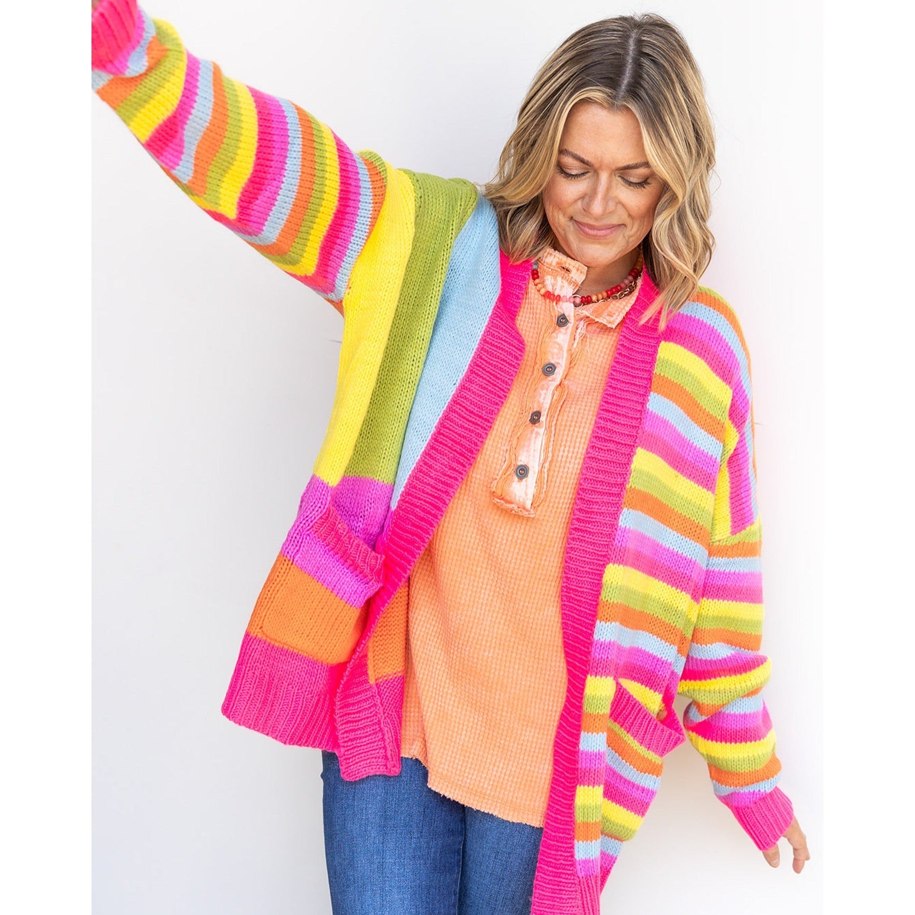 MULTI-STRIPED MIX MATCHED LOOSE FIT CARDI-Jackets & Sweaters-DAVI & DANI-Coriander