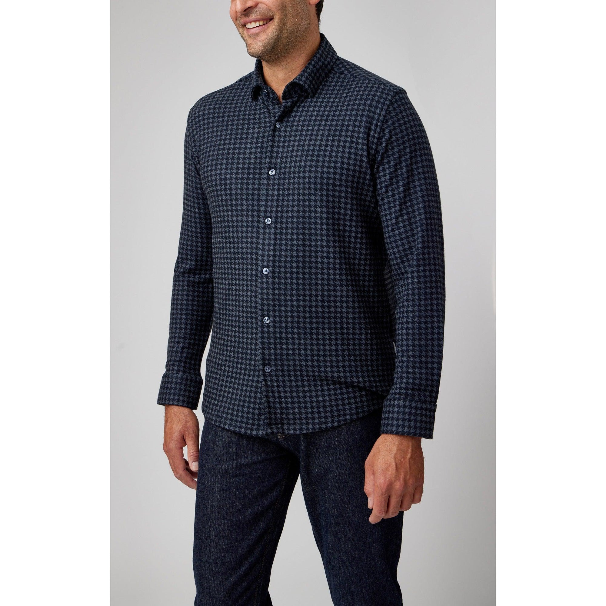 NAVY HOUNDSTOOTH FLEECE SHIRT-Shirt-STONE ROSE-SMALL-NAVY-Coriander