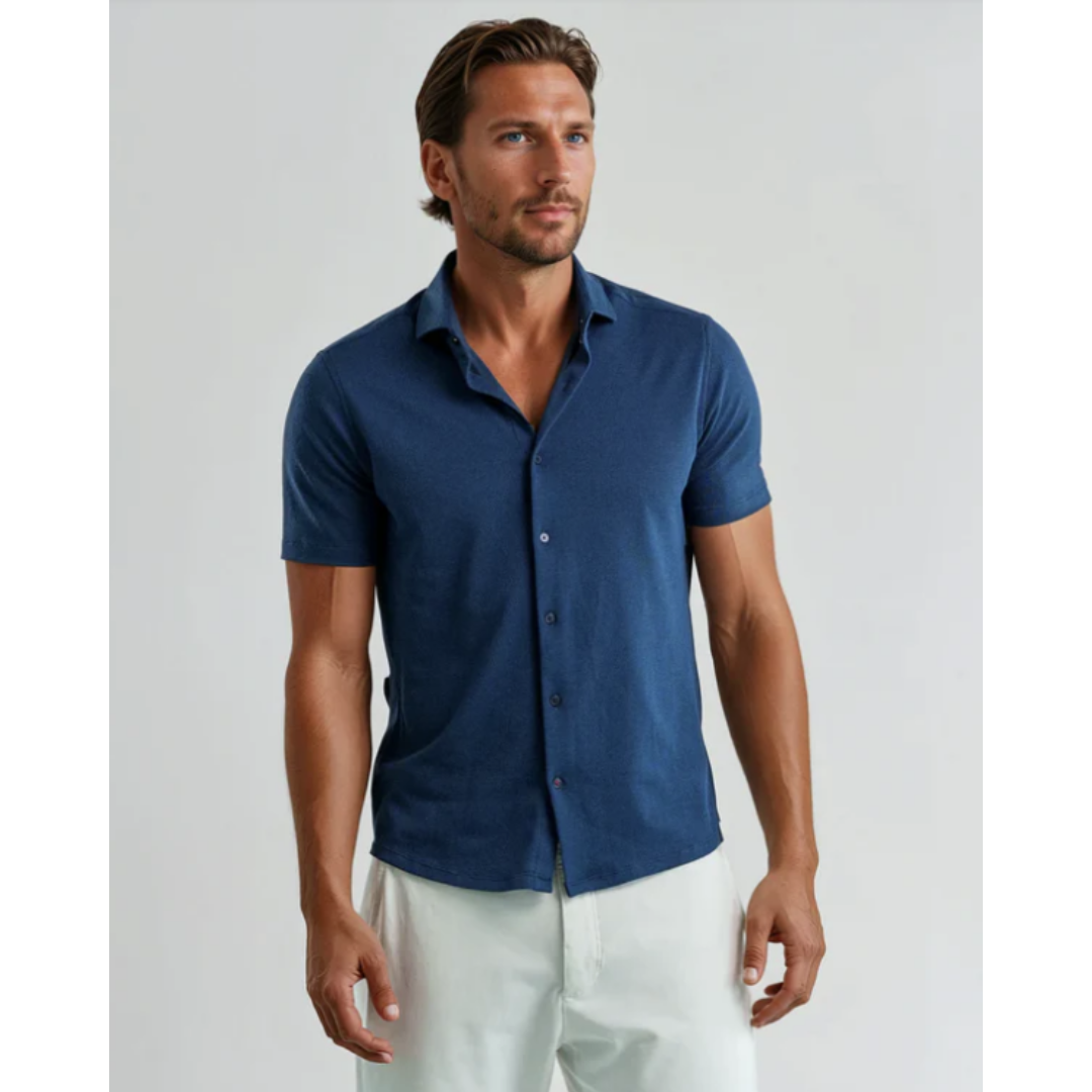 NAVY SHORT SLEEVE SHIRT-Shirts & Tops-STONE ROSE-MEDIUM-NAVY-Coriander