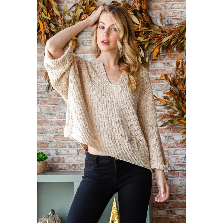 NECK SLIT SWEATER TOP-Tops-VEVERET-Coriander