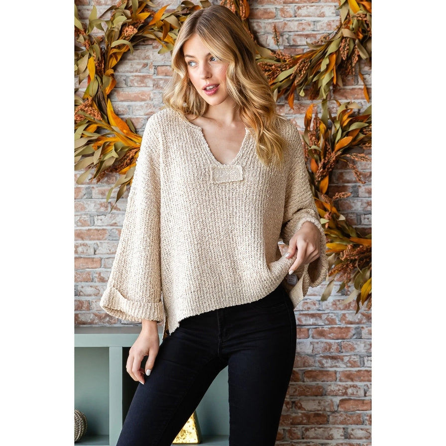 NECK SLIT SWEATER TOP-Tops-VEVERET-SMALL-OATMEAL-Coriander