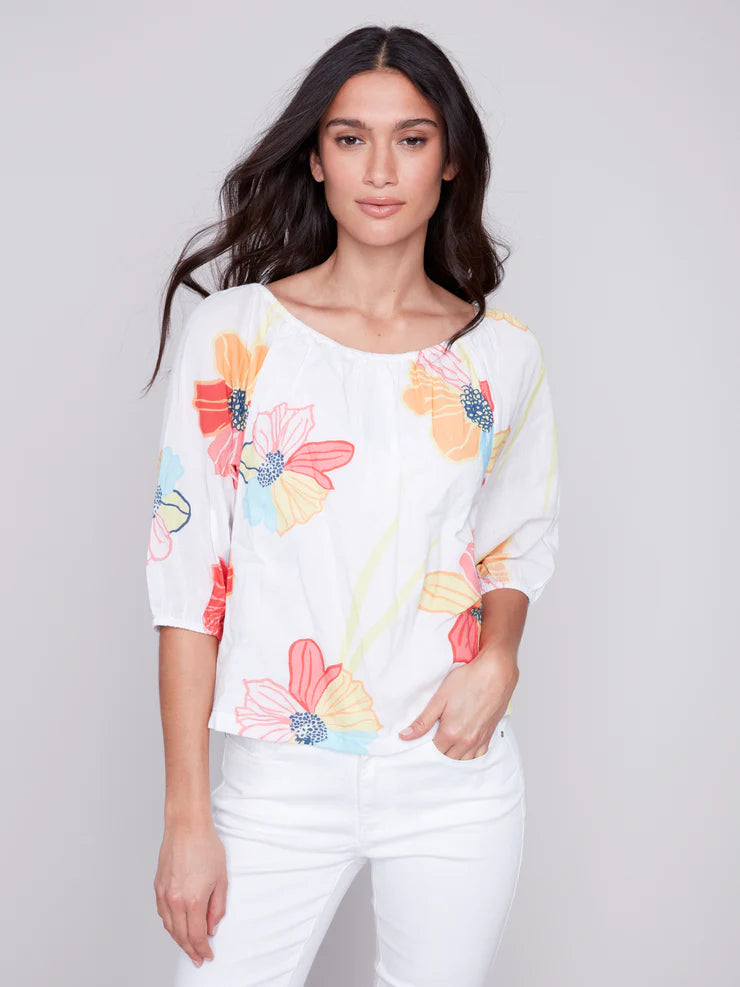 OFF THE SHOULDER ELASTIC NECK BLOUSE-Tops-CHARLIE B-XSMALL-FLOWER-Coriander