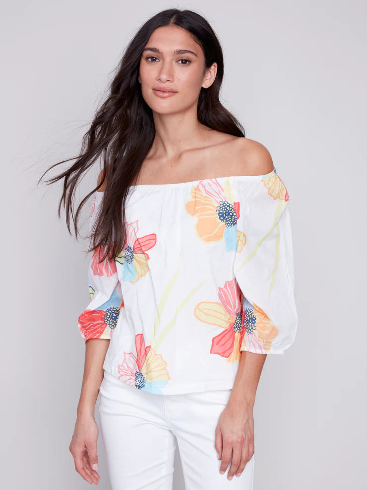 OFF THE SHOULDER ELASTIC NECK BLOUSE-Tops-CHARLIE B-XSMALL-FLOWER-Coriander