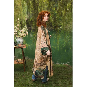 OPERA DUSTER KIMONO | FABLE WITH DEER, MOON & BLOSSOM-Scarves & Wraps-MARKET OF STARS-Coriander