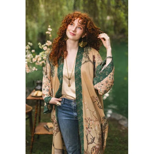 OPERA DUSTER KIMONO | FABLE WITH DEER, MOON & BLOSSOM-Scarves & Wraps-MARKET OF STARS-Coriander