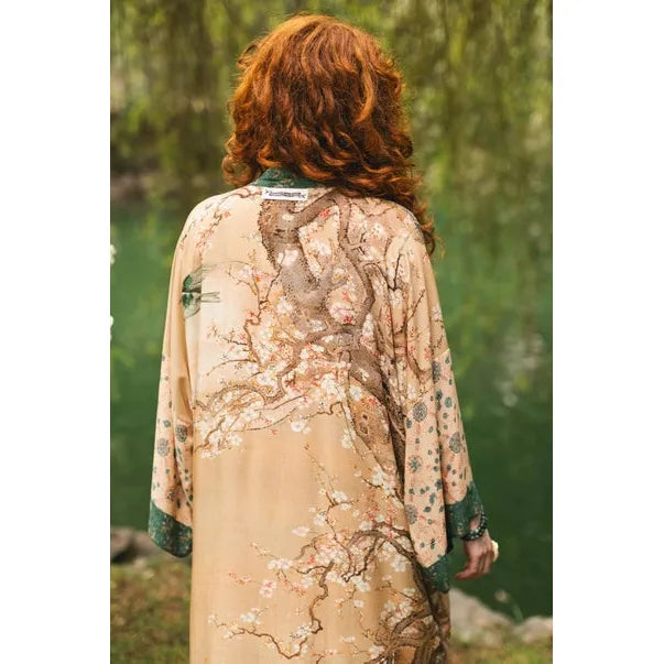 OPERA DUSTER KIMONO | FABLE WITH DEER, MOON & BLOSSOM-Scarves & Wraps-MARKET OF STARS-Coriander
