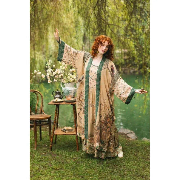 OPERA DUSTER KIMONO | FABLE WITH DEER, MOON & BLOSSOM-Scarves & Wraps-MARKET OF STARS-Coriander