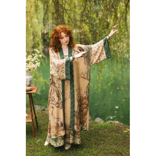 OPERA DUSTER KIMONO | FABLE WITH DEER, MOON & BLOSSOM-Scarves & Wraps-MARKET OF STARS-Coriander