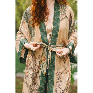 OPERA DUSTER KIMONO | FABLE WITH DEER, MOON & BLOSSOM-Scarves & Wraps-MARKET OF STARS-Coriander