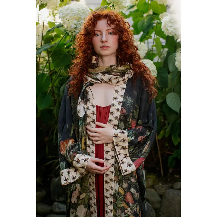 OPERA DUSTER KIMONO | I DREAM IN FLOWERS W/BEES-Scarves & Wraps-MARKET OF STARS-Coriander