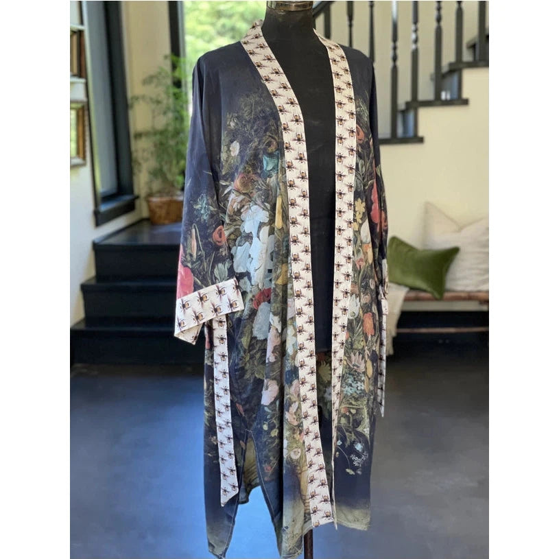 OPERA DUSTER KIMONO | I DREAM IN FLOWERS W/BEES-Scarves & Wraps-MARKET OF STARS-Coriander