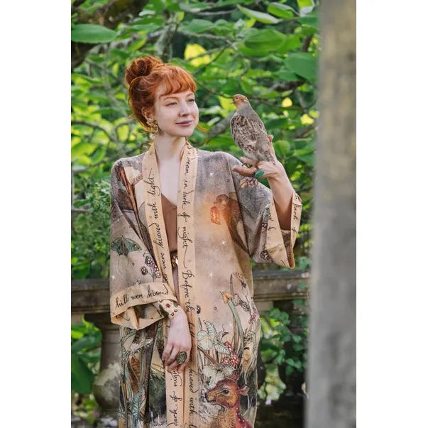 OPERA DUSTER KIMONO | LOVELIGHT WITH DEER & SWALLOW-Scarves & Wraps-MARKET OF STARS-Coriander
