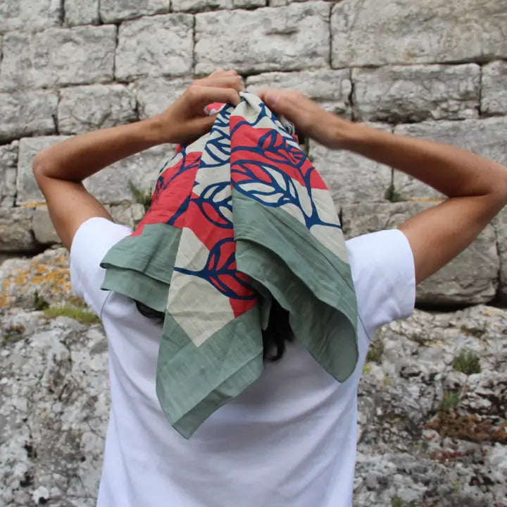 ORGANIC COTTON SQUARE SCARF | PALENQUE CORAL-Scarves & Wraps-LES BELLES VAGABONDES-Coriander