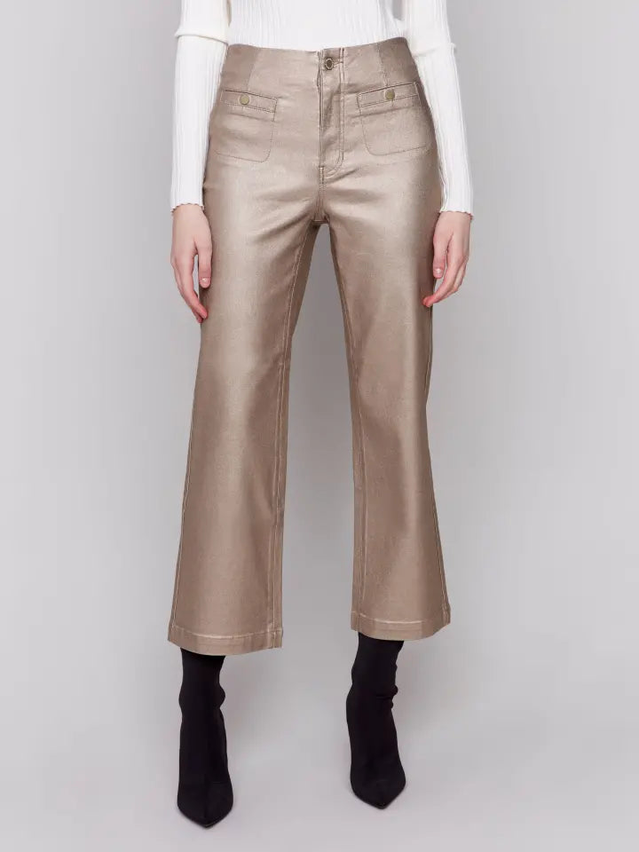 PANT | SHINY WAX FLARE LEG-Bottoms-CHARLIE B-2-BRONZE-Coriander