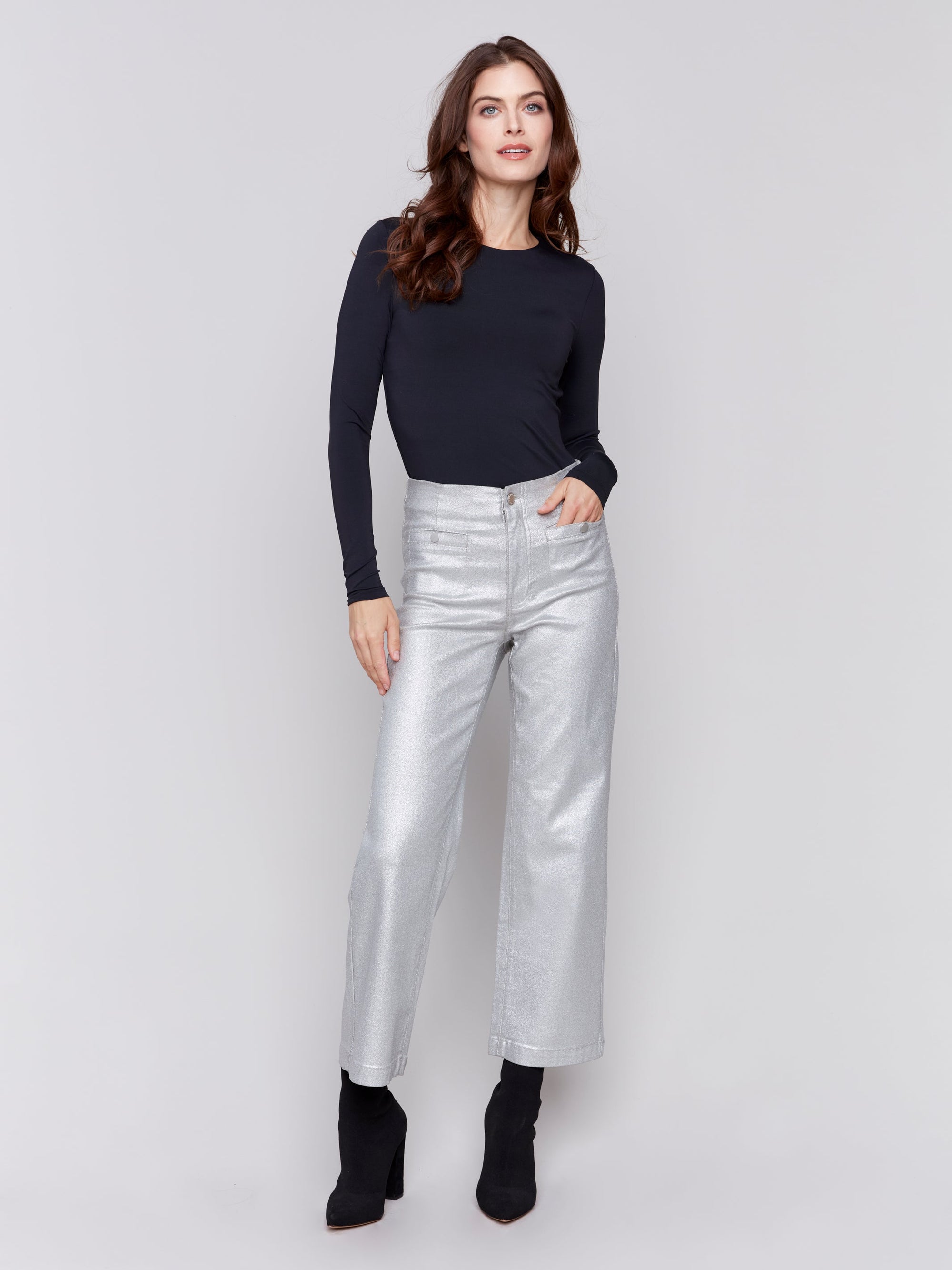 PANT | SHINY WAX FLARE LEG-Bottoms-CHARLIE B-6-SILVER-Coriander
