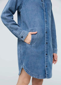 PERFORMANCE DENIM LITE SHIRT DRESS-Dress-DUER-XSMALL-WASHED INDIGO-Coriander