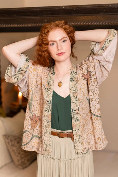 PIXIE DUSTER CROPPED KIMONO | FOLKLORE with BIRD of PEACE-Jackets & Sweaters-MARKET OF STARS-Coriander