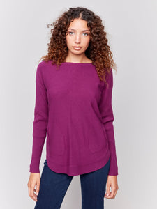 PLUSHY KNIT CREW NECK SWEATER-Jackets & Sweaters-CHARLIE B-XSMALL-MULBERRY-Coriander