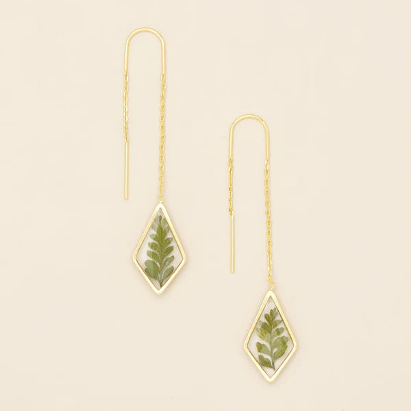 PRESSED FLOWER THREAD EARRING | GOLD W/GREEN BRACKEN FERN-Jewellery-SCOUT CURATED WEARS-Coriander