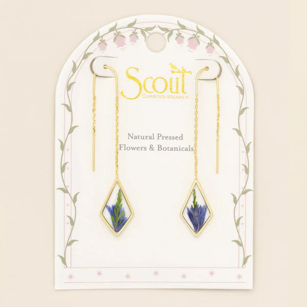 PRESSED FLOWER THREAD EARRING | GOLD W/PURPLE CORNFLOWER-Jewellery-SCOUT CURATED WEARS-Coriander