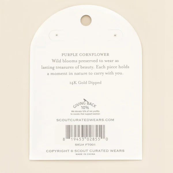 PRESSED FLOWER THREAD EARRING | GOLD W/PURPLE CORNFLOWER-Jewellery-SCOUT CURATED WEARS-Coriander