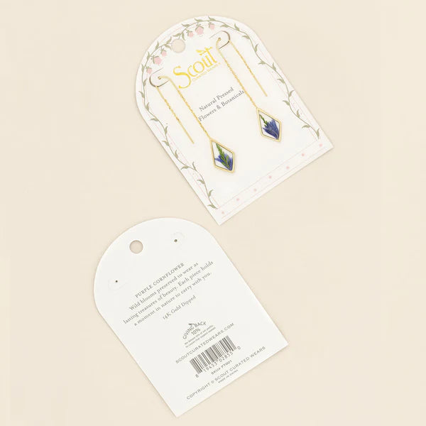 PRESSED FLOWER THREAD EARRING | GOLD W/PURPLE CORNFLOWER-Jewellery-SCOUT CURATED WEARS-Coriander