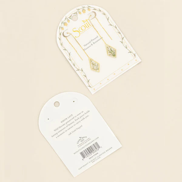 PRESSED FLOWER THREAD EARRING | GOLD W/WHITE LACE FLOWER-Jewellery-SCOUT CURATED WEARS-Coriander