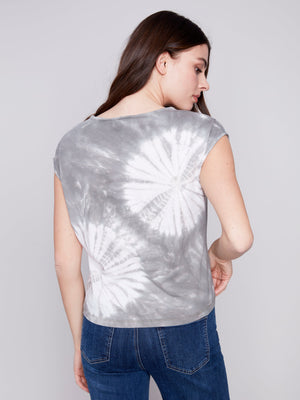 PRINTED JERSEY FRONT KNOT SLEEVELESS TOP-Tops-CHARLIE B-Coriander
