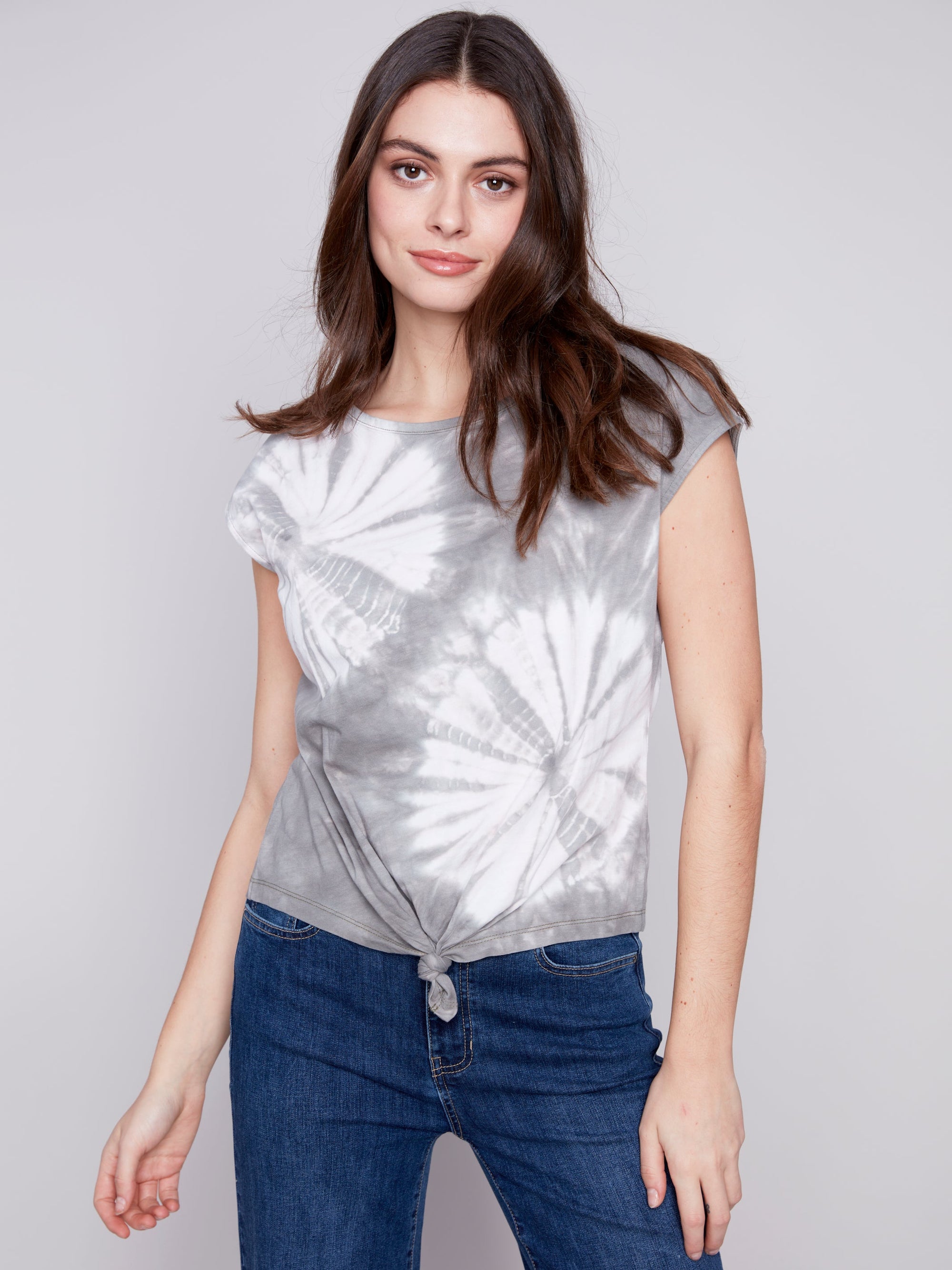 PRINTED JERSEY FRONT KNOT SLEEVELESS TOP-Tops-CHARLIE B-XSMALL-CELADON-Coriander
