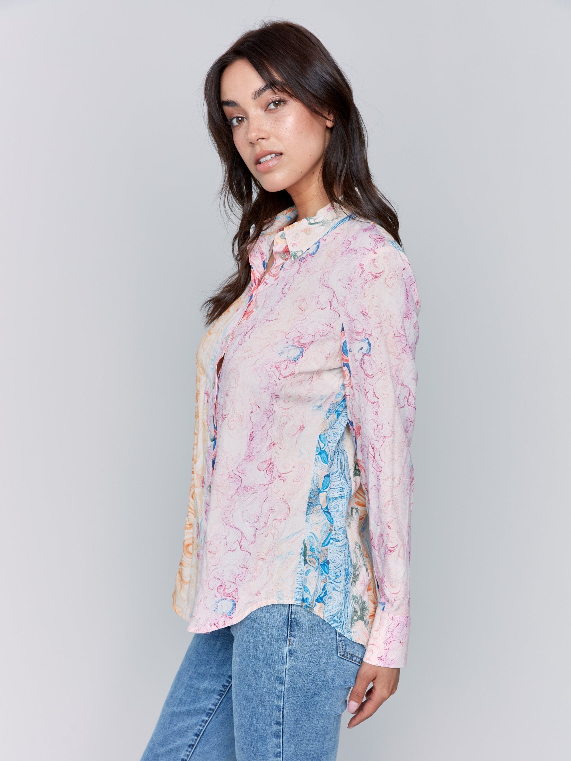 PRINTED LONG SLEEVE BLOUSE-Tops-CHARLIE B-Coriander