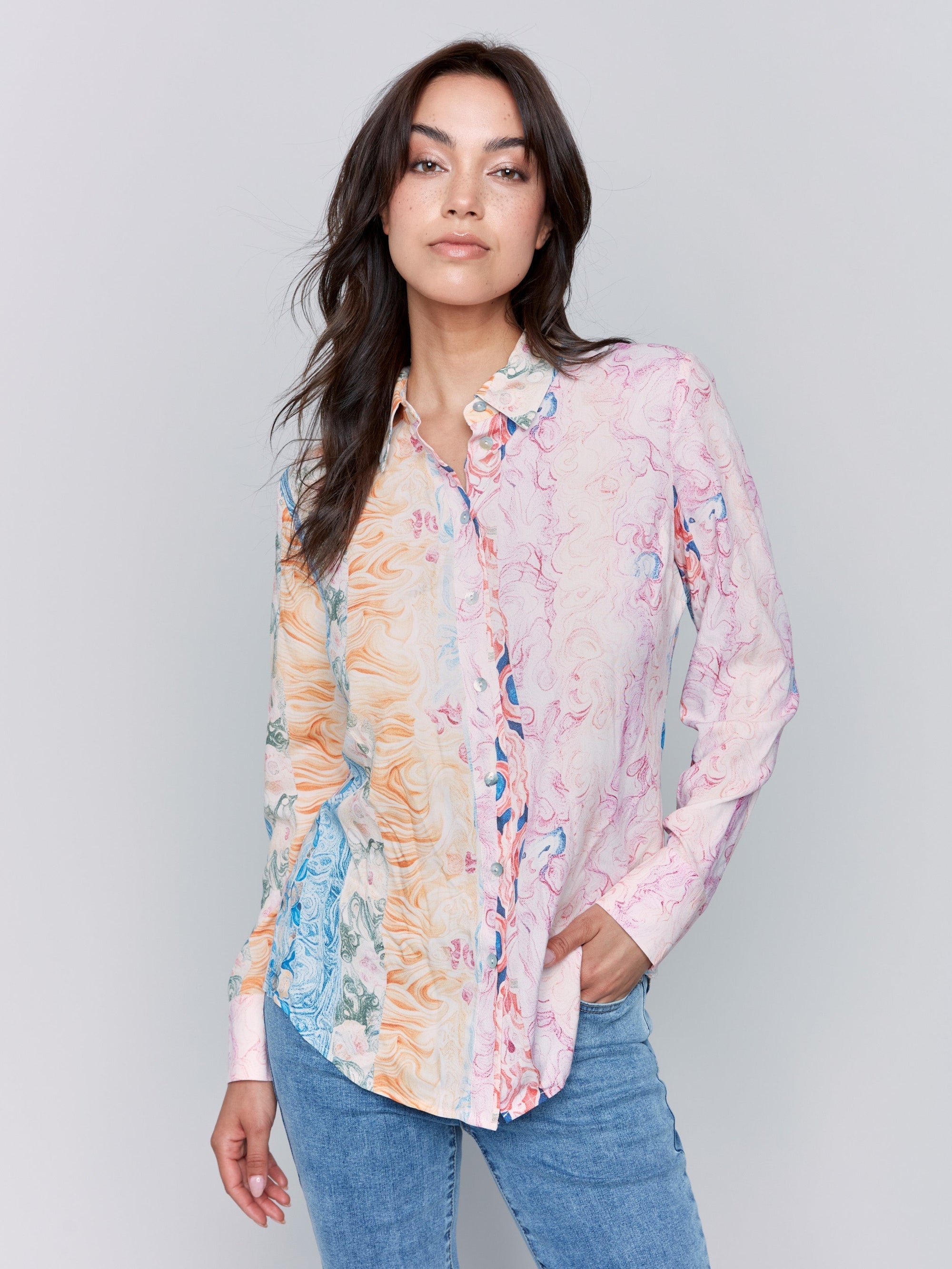 PRINTED LONG SLEEVE BLOUSE-Tops-CHARLIE B-XSMALL-WALLPAPER-Coriander