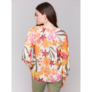 PRINTED RAGLAN LONG SLEEVE POPOVER BLOUSE-Tops-CHARLIE B-Coriander