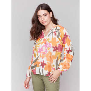 PRINTED RAGLAN LONG SLEEVE POPOVER BLOUSE-Tops-CHARLIE B-Coriander