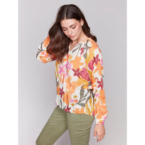 PRINTED RAGLAN LONG SLEEVE POPOVER BLOUSE-Tops-CHARLIE B-Coriander