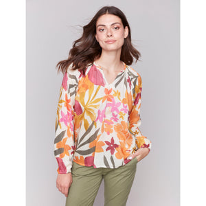 PRINTED RAGLAN LONG SLEEVE POPOVER BLOUSE-Tops-CHARLIE B-SMALL-BOUQUET-Coriander