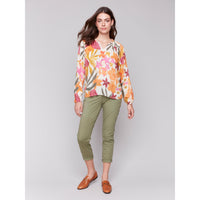 PRINTED RAGLAN LONG SLEEVE POPOVER BLOUSE-Tops-CHARLIE B-Coriander