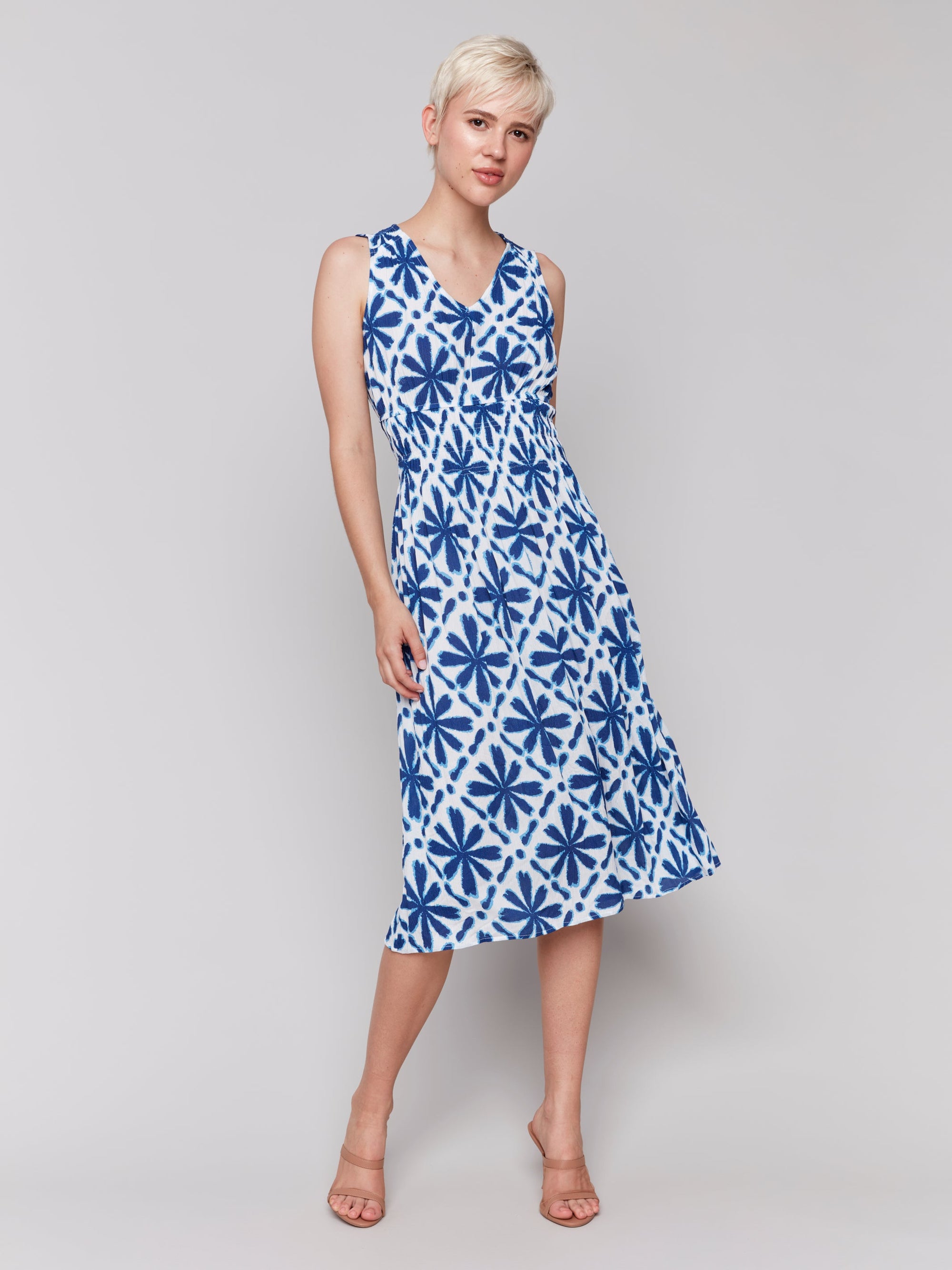 PRINTED SLEEVELESS EMPIRE WAIST DRESS-Dress-CHARLIE B-SMALL-MOSAIC-Coriander