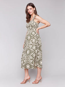 PRINTED SLEEVELESS MIDI DRESS W/ SHIRRING DETAIL-Dress-CHARLIE B-Coriander